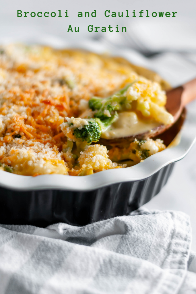 Broccoli Cauliflower Au Gratin is a favorite side dish for every holiday. Rich, homemade cheese sauce, broccoli and cauliflower with a crispy panko topping.