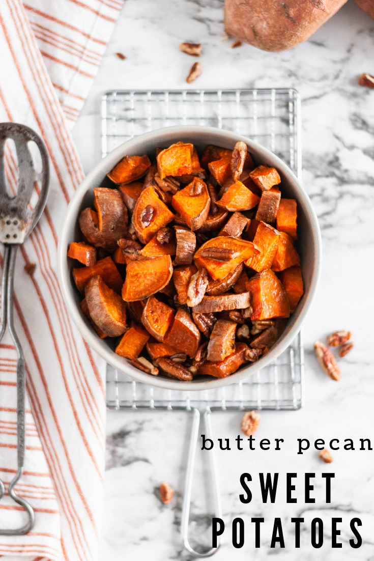 These Butter Pecan Sweet Potatoes are the perfect simple and easy side dish to add to your holiday menu. Less than 40 minutes from start to finish and you'll have sweet, tender, crunchy, buttery goodness on your dinner table.