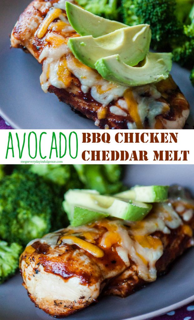 ple barbecue chicken topped with melted cheddar cheese and avocado slices makes for a delicious and simple dinner. Fire up the grill and get this Avocado BBQ Chicken Cheddar Melt on the table in less than 30 minutes.