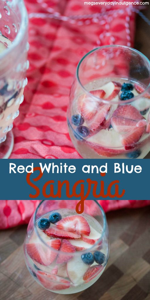 Make the 4th of July even more festive with this Red White and Blue Sangria. Strawberries, blueberries, peaches, white wine and sparkling lemonade all combine to create a delicious, refreshing drink that screams America.