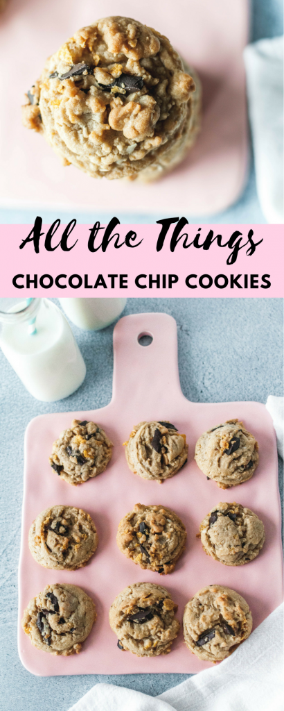 If you're looking for a sweet, salty, chewy, slightly crunchy dessert I've got you covered with these All the Things Chocolate Chip Cookies. They are packed with all kinds of goodies that will satisfy that sweet and salty craving. 