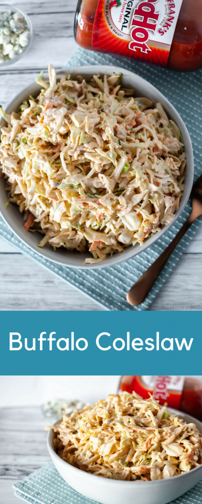 A classic American dish and a favorite flavor combine into one crazy delicious side dish. Buffalo Chicken Coleslaw is super creamy, slightly spicy and tangy and perfect for your next summer potluck.