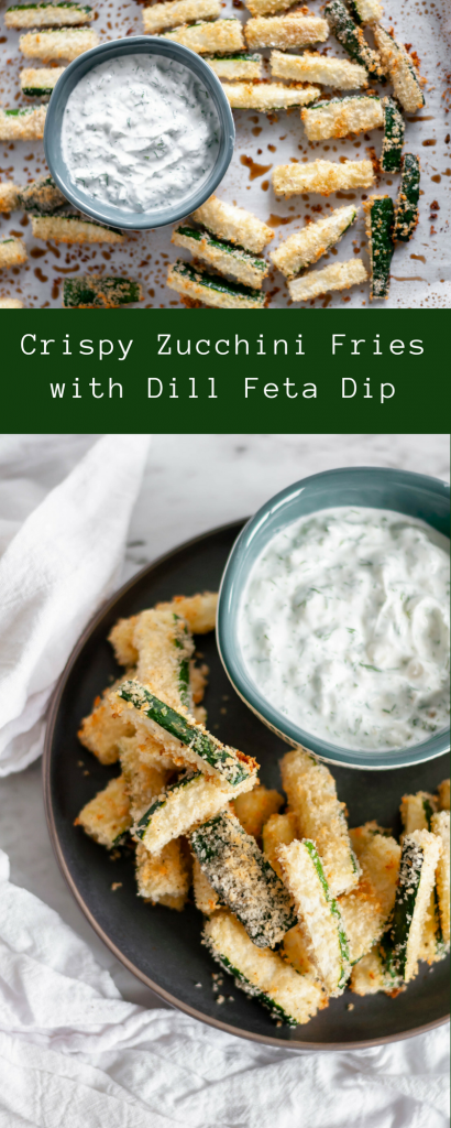 Crispy Zucchini Fries with Dill Feta Dip are crispy, healthy and oven baked.