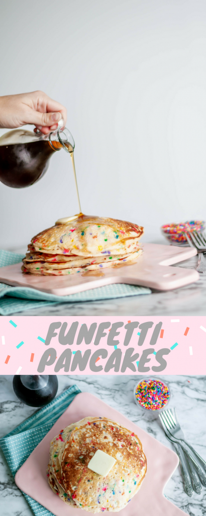 Funfetti Pancakes are a fun way to celebrate something special or brighten that Monday mood. Packed full of sprinkles and cake batter goodness.