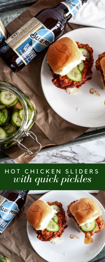 Hot Chicken Sliders with quick pickles are the perfect appetizer or main dish for the next big football game. Spicy, crispy fried chicken, vinegary fresh pickles and a soft bun.