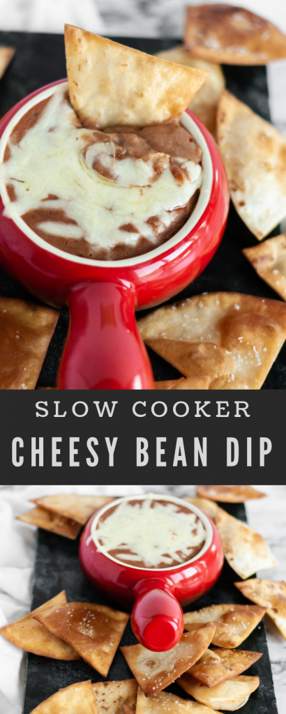 Slow Cooker Cheesy Bean Dip is the perfect addition to your football watch party. 4 ingredients mixed in your slow cooker, a few hours and you're ready for snacking. Homemade flour tortilla chips up your game.