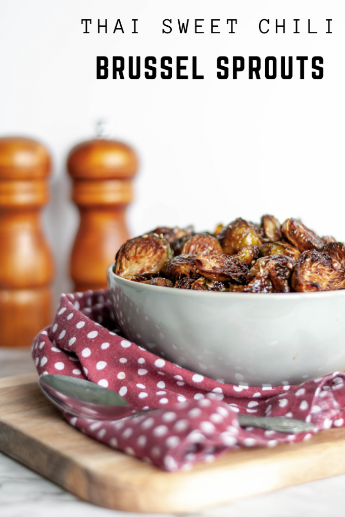 Thai Sweet Chili Brussels Sprouts are a delicious side dish you need this Thanksgiving. Roasted brussels and sweet, salty Asian sauce.