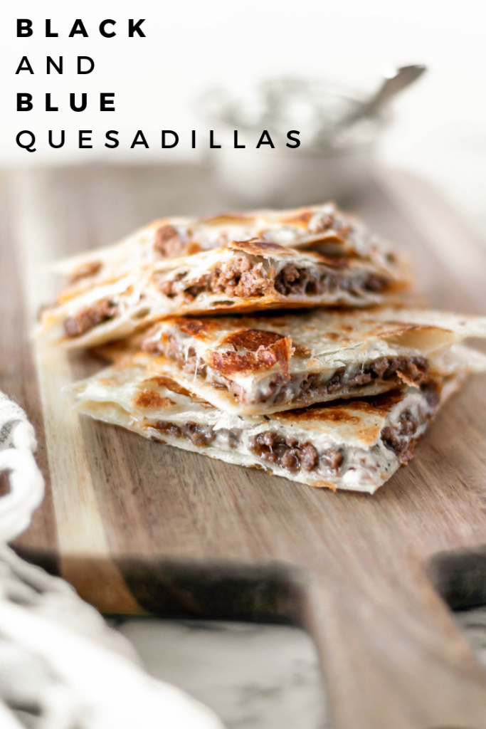 Black and Blue Quesadillas are packed with steak sauce drenched ground beef, blue cheese crumbles and stringy mozzarella. The perfect 30 minute meal for busy weeknights.