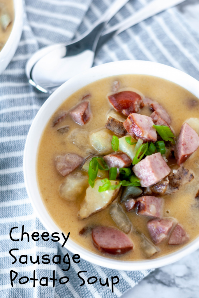 Cheesy Sausage Potato Soup is just what you need this winter. Soft potatoes, flavorful smoked sausage in a cheesy broth makes an easy weeknight meal.