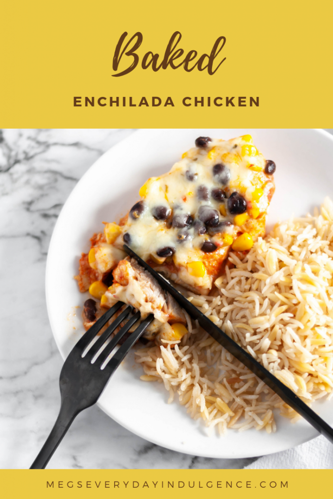 Baked Enchilada Chicken is a great addition to your 30 minute meal collection. Chicken breasts covered in enchilada sauce, corn, black beans and cheese makes a simple and healthy weeknight meal.