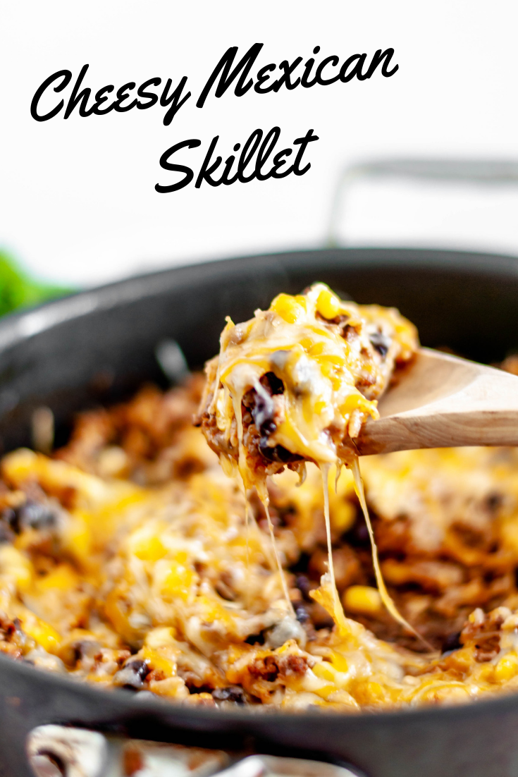 This Cheesy Mexican Skillet is done in 30 minutes for the perfect weeknight meal. Packed full of Mexican flavors, rice, ground beef, corn and black beans.