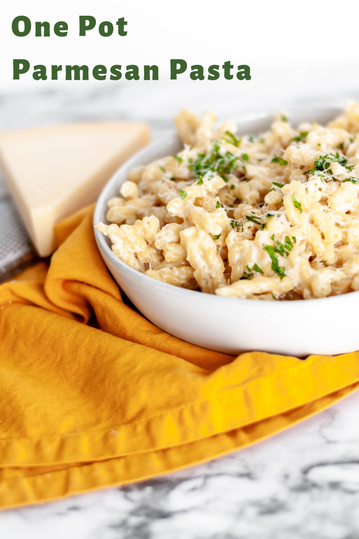 One Pot Parmesan Pasta is a simple pantry staple dish you can have on the table in less than 20 minutes. Serve this creamy Parmesan pasta as a side dish to any weeknight meal.