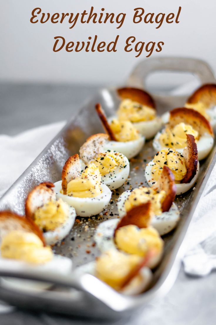 Everything Bagel Deviled Eggs are packed full of flavor. Cream cheese in the egg filling adds an extra creamy texture. Everything bagel seasoning adds tons of flavor. A bagel chip provides a nice crunch to the soft deviled egg.