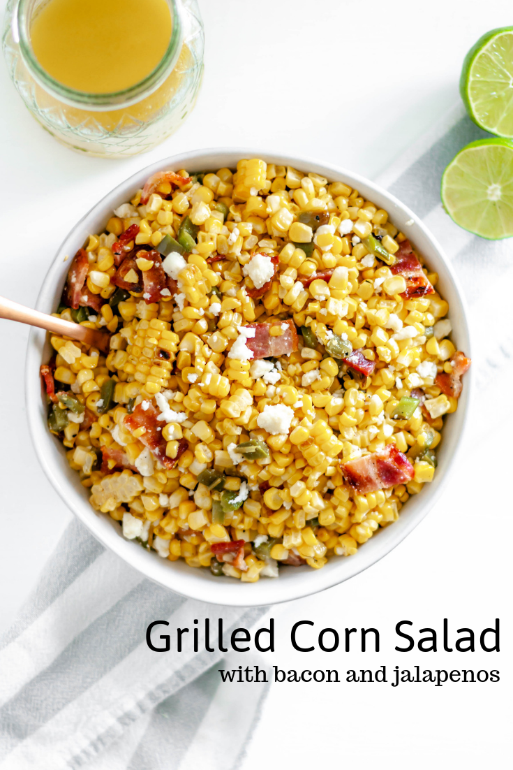 This Grilled Corn Salad with Bacon and Jalapeno is your next potluck dish. Sweet grilled corn, smoky bacon, spicy jalapeno and a bright lime dressing. The perfect addition to any summer barbecue or potluck.