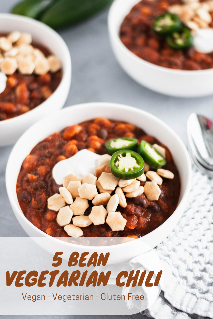 This 5 Bean Vegetarian Chili is perfect for game day, chilly fall nights and busy weeknights alike. It features 5 different beans, crushed tomatoes, vegetable stock and a handful of spices to flavor it up.