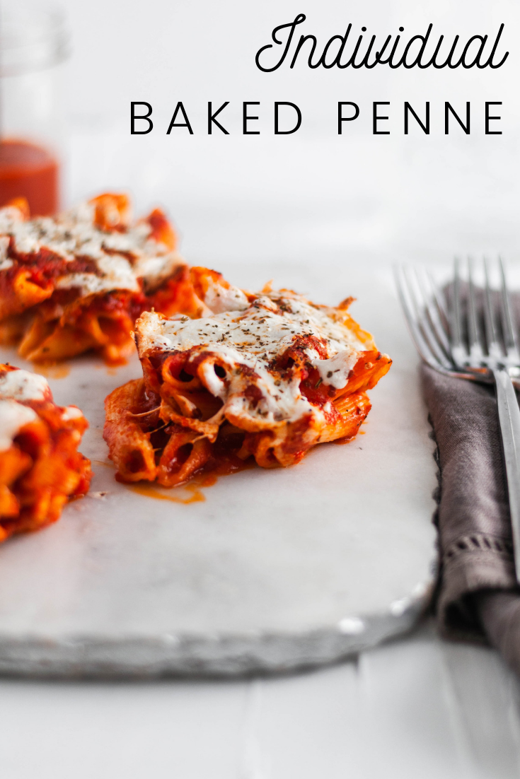 These Individual Baked Penne are SO simple and fun for a weeknight meal. Only 4 ingredients and 30 minutes required for these cute little bites.
