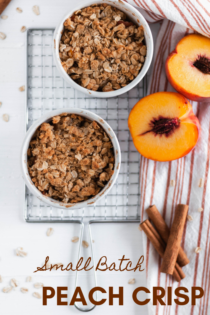 Feed that sweet tooth with just the right amount with this Small Batch Peach Crisp recipe. It makes two mini desserts and they are made in 45 minutes from start to finish.