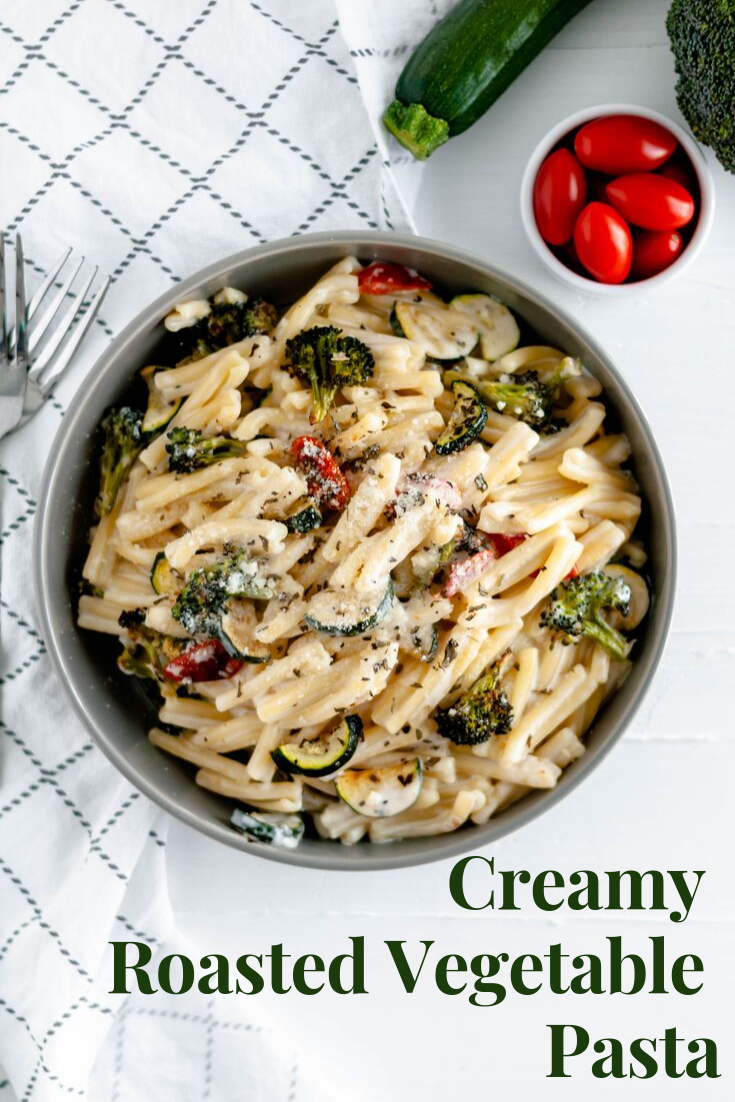 This Creamy Roasted Vegetable Pasta is a fast dinner option packed with flavor. Cheesy, creamy sauce, perfectly cooked pasta and flavorful roasted veggies.