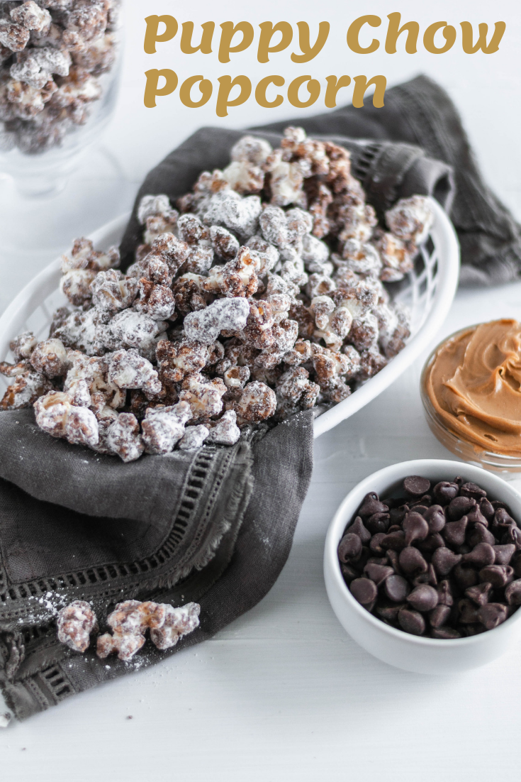 Update your game day snacking with this Puppy Chow Popcorn. Peanut butter and chocolate coated popcorn tossed in powdered sugar. Addiction ahead.