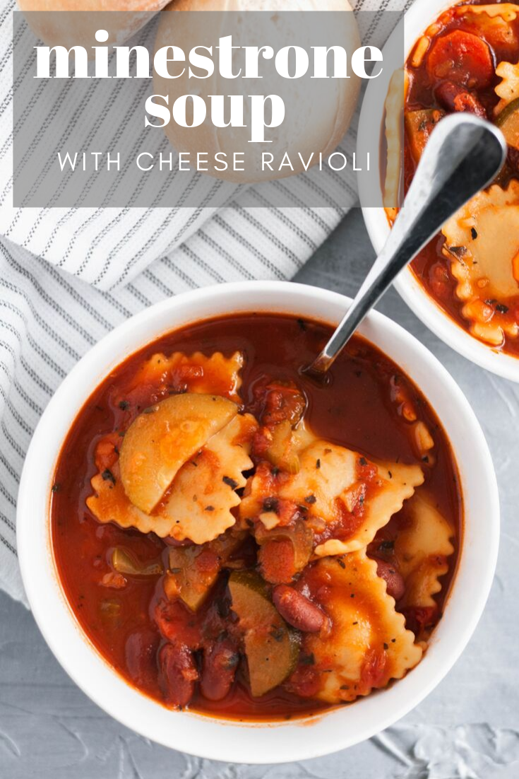 This hearty, filling Minestrone Soup with Cheese Ravioli is a fun twist on a classic soup. Vegetarian, family friendly and only 30 minutes needed.