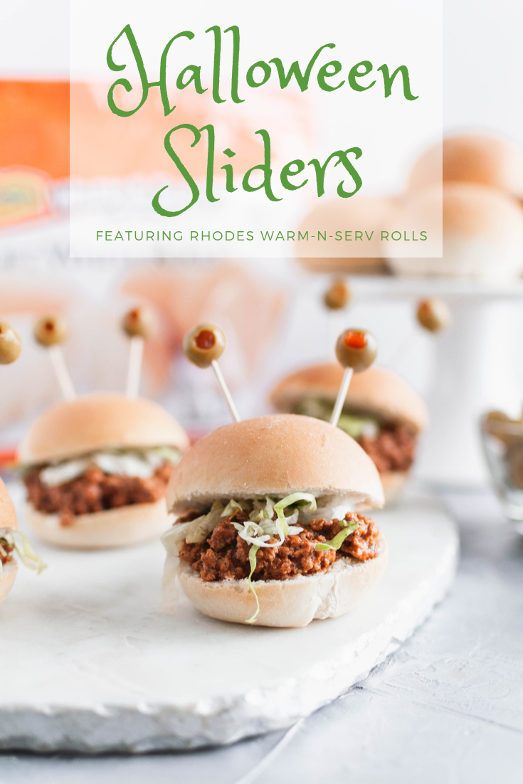 Celebrate Halloween with Rhodes and these spooky Halloween Sliders. Pimento stuffed olives make creepy monster eyes atop these taco sliders.