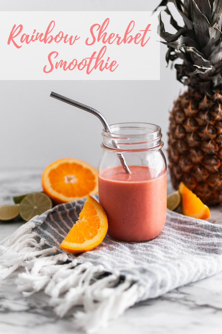 Get all the flavors of rainbow sherbet without all the sugar with this Rainbow Sherbet Smoothie. Fresh orange, lime juice, frozen raspberries and pineapple along with raspberry Greek yogurt all come together to make this incredibly fruity, healthy smoothie.