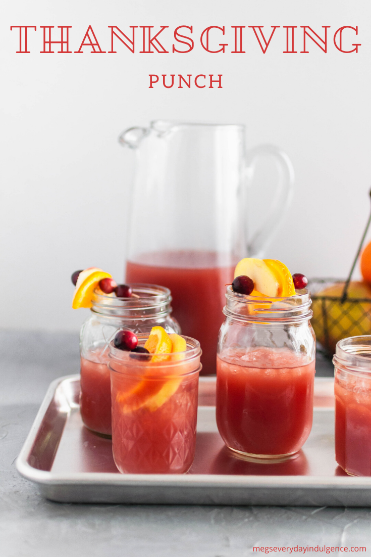 This Thanksgiving Punch is the perfect festive drink to serve on Thanksgiving. Cranberry juice, orange juice, apple cider and ginger beer create a deliciously addictive punch. Spiced rum optional.