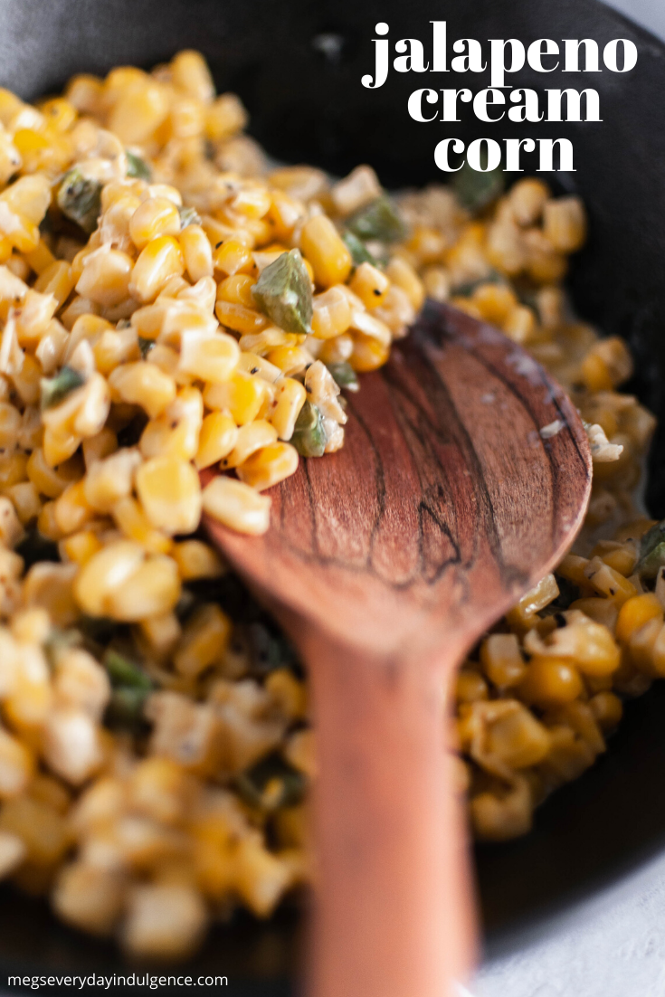 This Jalapeno Cream Corn is slightly spicy, a little sweet and perfectly creamy. It makes a great weeknight side dish or simple holiday option. Made on the stove top with frozen sweet corn, fresh jalapenos, butter and half and half. Ready to serve in minutes.