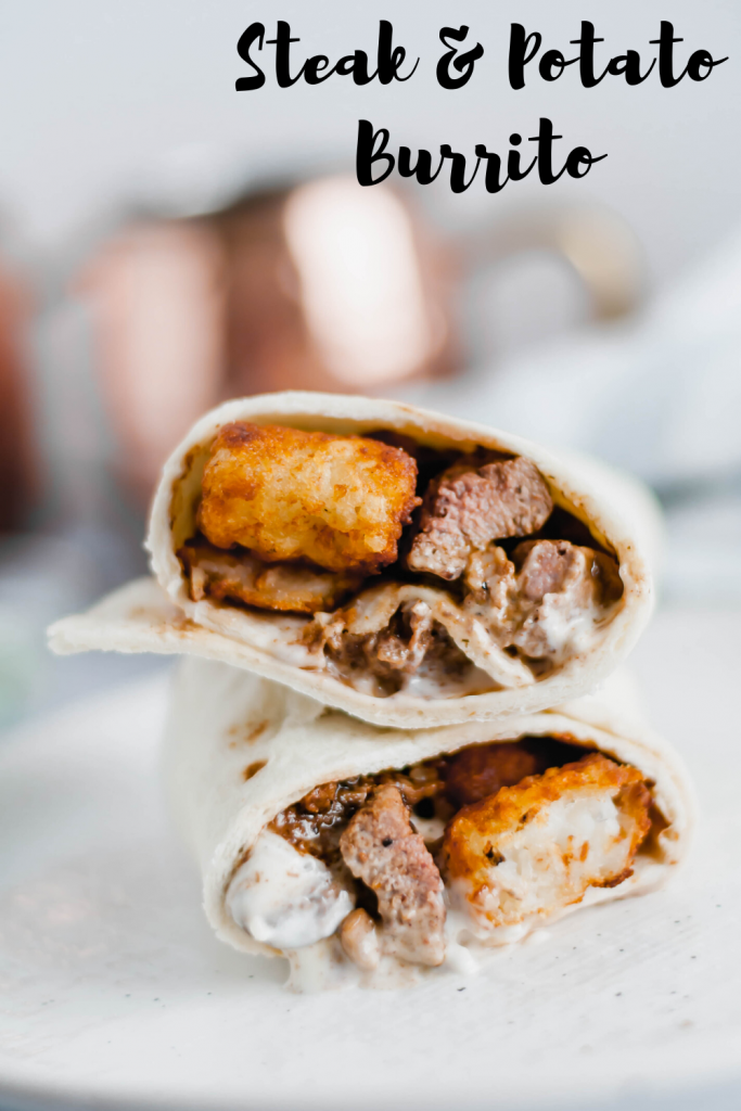 This Steak and Potato Burrito is stuffed with tender seared steak, crispy tater tots, blue cheese dressing and a drizzle of steak sauce. The perfect meal any time of the day.