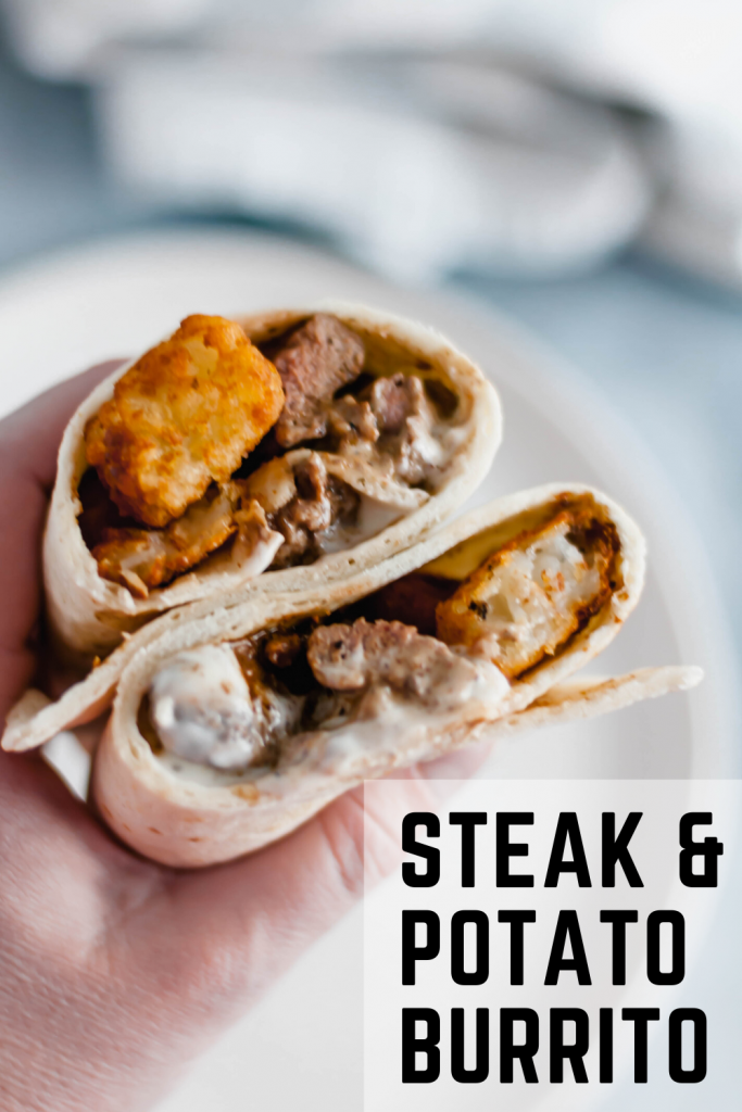 This Steak and Potato Burrito is stuffed with tender seared steak, crispy tater tots, blue cheese dressing and a drizzle of steak sauce. The perfect meal any time of the day.