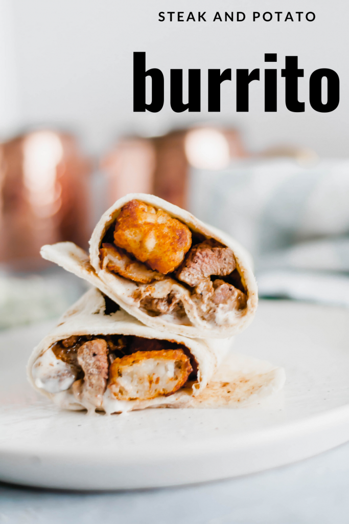 This Steak and Potato Burrito is stuffed with tender seared steak, crispy tater tots, blue cheese dressing and a drizzle of steak sauce. The perfect meal any time of the day.