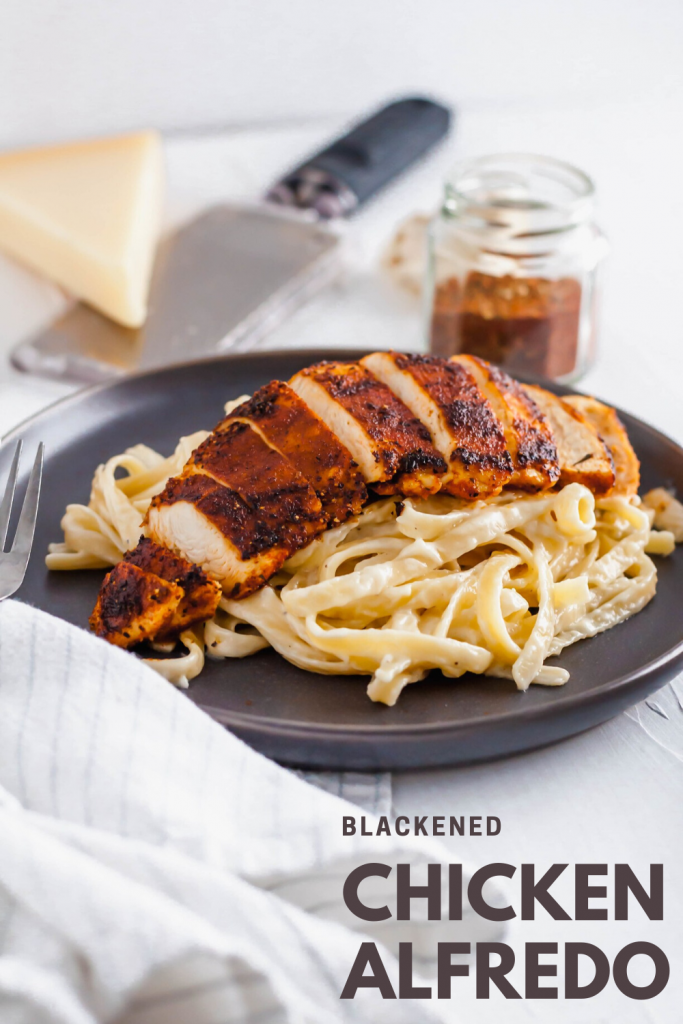This Blackened Chicken Alfredo is the ultimate weeknight meal. Done in 30 minutes and packed with flavor. Easy enough for any weeknight but fancy enough for guests too. Homemade blackening seasoning covered tender chicken cutlets served over simple, cheesy homemade fettucine alfredo.