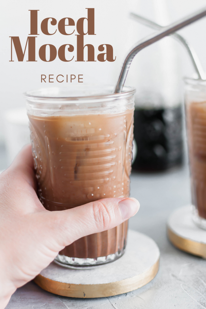 Hand holding a glass of homemade iced mocha recipe with black coffee in the background. Missing your favorite coffee shop? Try making a classic at home with this Iced Mocha Recipe. Only three ingredients required!