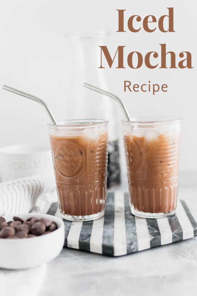 Two glasses of homemade iced mocha recipe with a bowl of chocolate chips nearby. Missing your favorite coffee shop? Try making a classic at home with this Iced Mocha Recipe. Only three ingredients required!