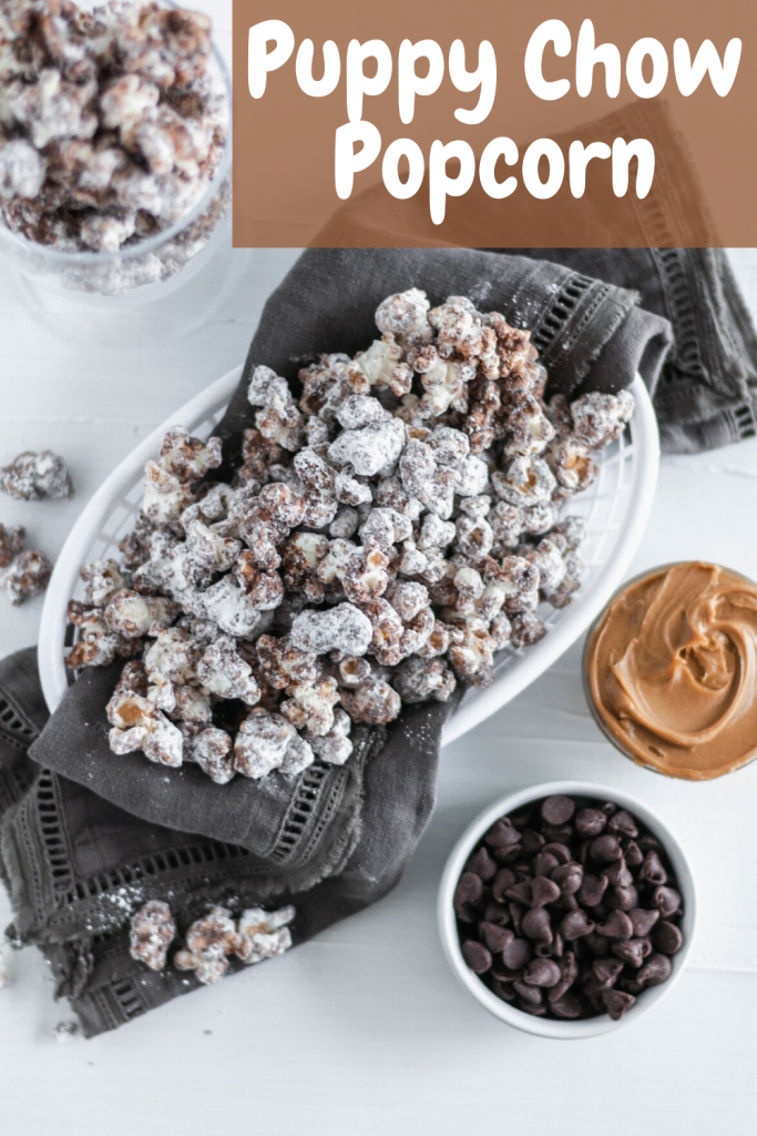 Up your movie night snacking game with this Puppy Chow Popcorn. Melted chocolate and peanut butter drizzled over popcorn and tossed with powdered sugar for the ultimate sweet treat.