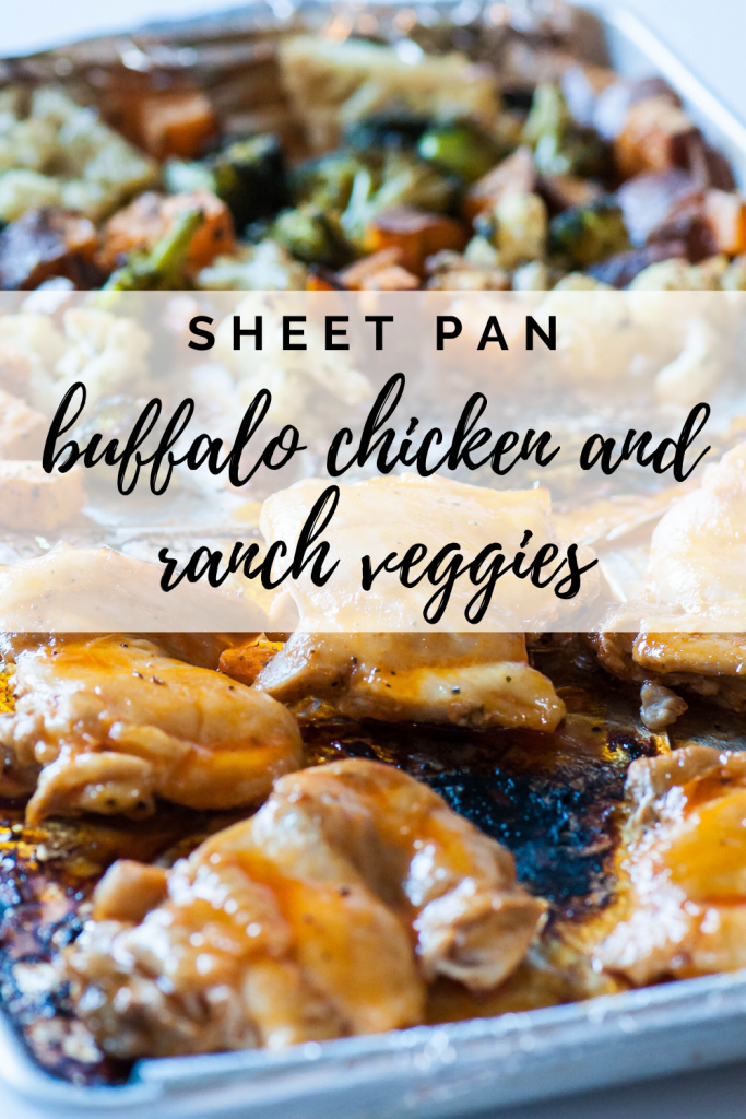 If you are as obsessed with sheet pan dinners as I am, I’ve got the recipe for you today. Sheet Pan Buffalo Chicken and Ranch Veggies are cooked together on one sheet pan for a simple, quick and healthy dinner.