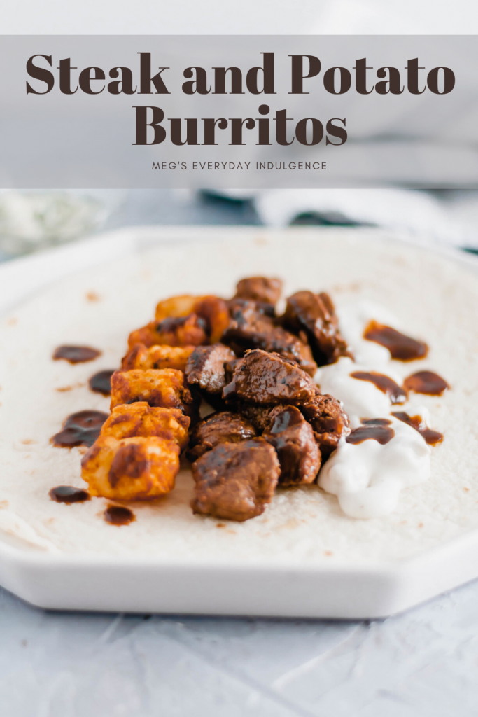 This Steak and Potato Burrito is stuffed with tender seared steak, crispy tater tots, blue cheese dressing and a drizzle of steak sauce. The perfect meal any time of the day.