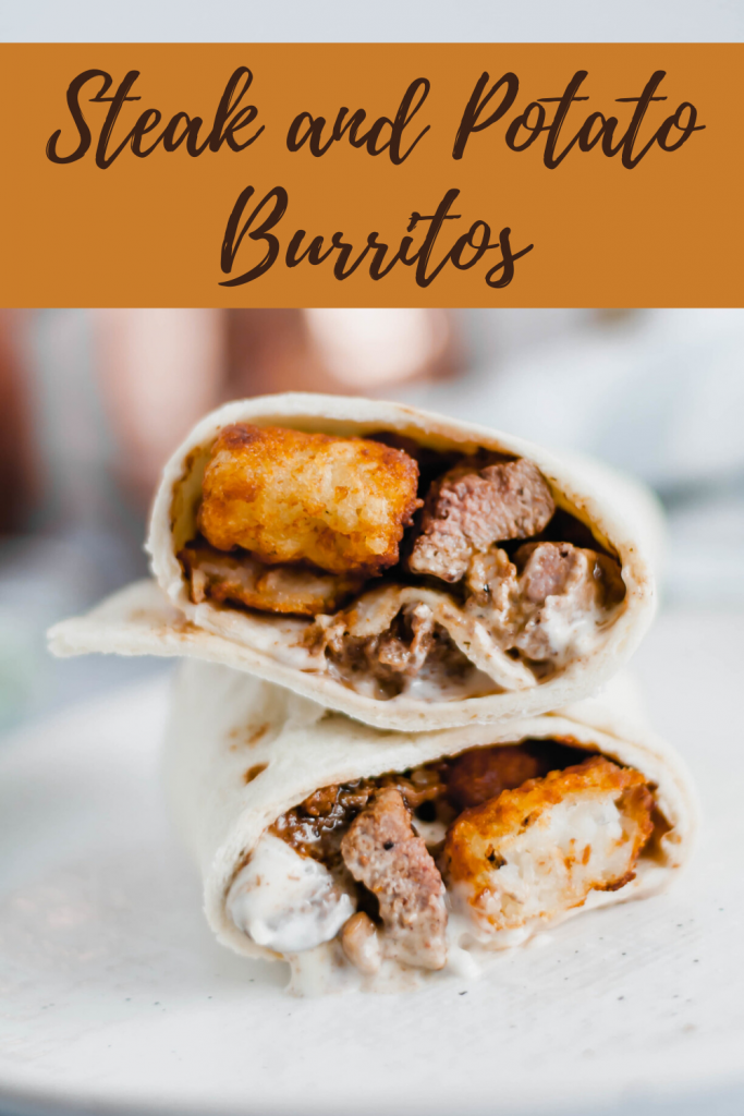 This Steak and Potato Burrito is stuffed with tender seared steak, crispy tater tots, blue cheese dressing and a drizzle of steak sauce. The perfect meal any time of the day.