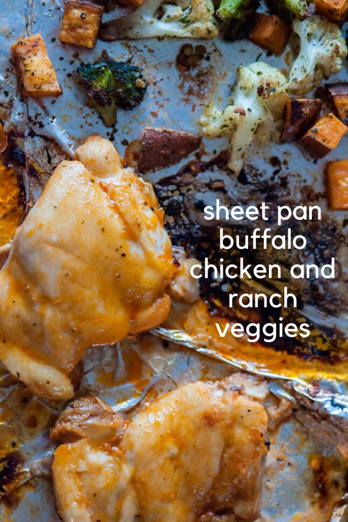 If you are as obsessed with sheet pan dinners as I am, I’ve got the recipe for you today. Sheet Pan Buffalo Chicken and Ranch Veggies are cooked together on one sheet pan for a simple, quick and healthy dinner.