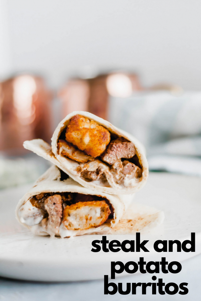 This Steak and Potato Burrito is stuffed with tender seared steak, crispy tater tots, blue cheese dressing and a drizzle of steak sauce. The perfect meal any time of the day.
