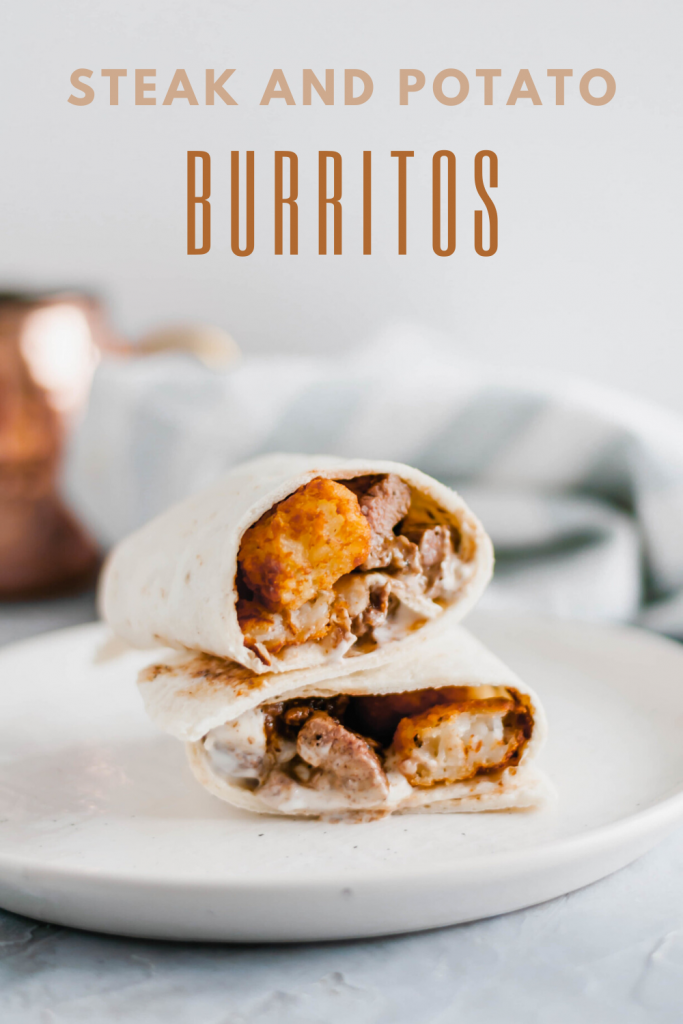 This Steak and Potato Burrito is stuffed with tender seared steak, crispy tater tots, blue cheese dressing and a drizzle of steak sauce. The perfect meal any time of the day.