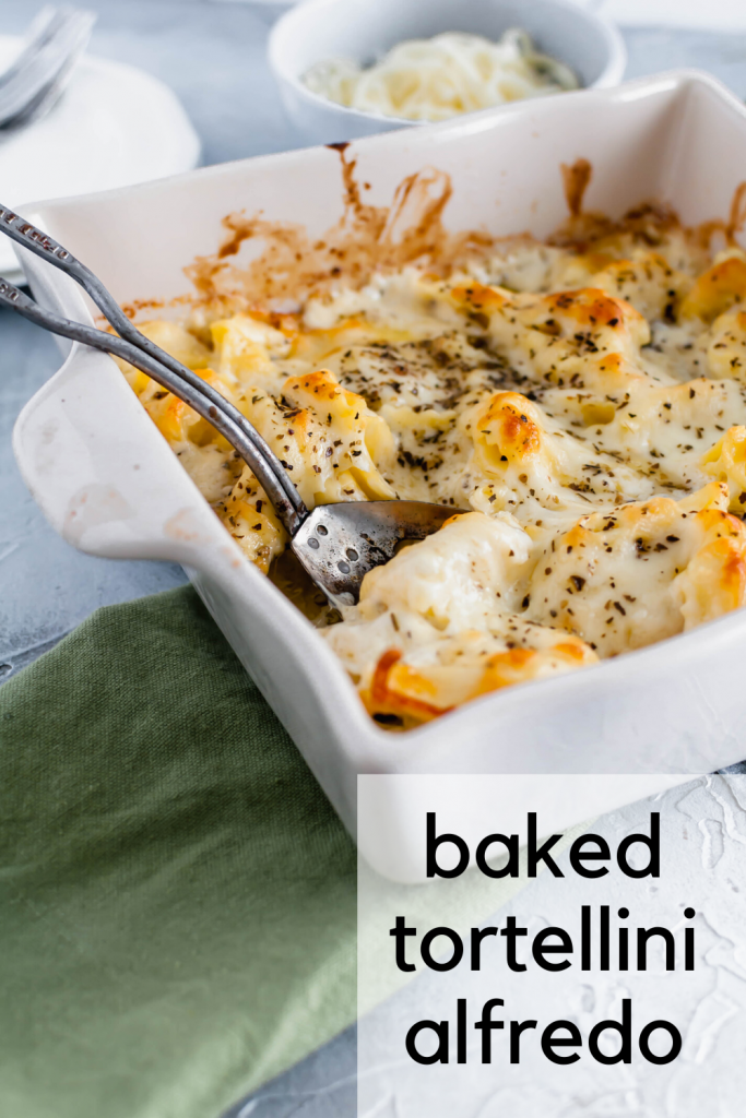 This Baked Tortellini Alfredo is the ultimate comfort food. Cheese tortellini tossed in alfredo sauce, topped with mozzarella and baked to perfection.