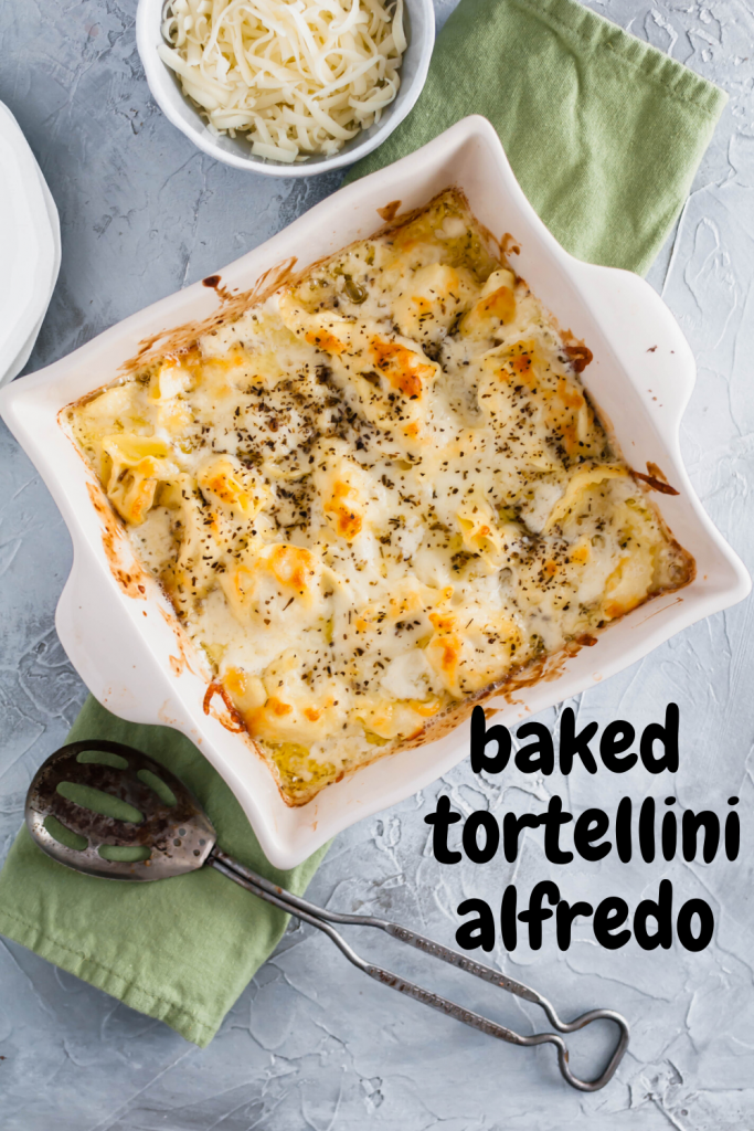 This Baked Tortellini Alfredo is the ultimate comfort food. Cheese tortellini tossed in alfredo sauce, topped with mozzarella and baked to perfection.