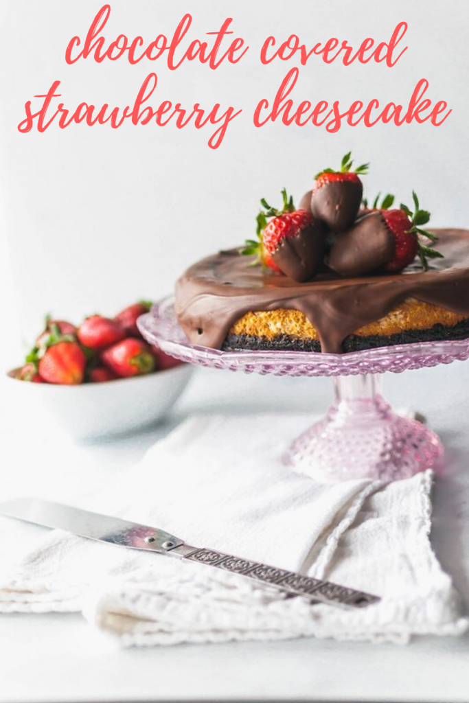 This sweet, creamy Chocolate Covered Strawberry Cheesecake is the ultimate dessert. Strawberry scented cheesecake topped with a delicious chocolate ganache and decorated with chocolate strawberries.