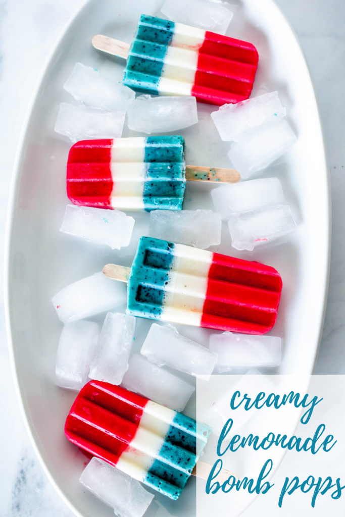 Vanilla frozen yogurt, tart lemonade and fruit combine to make these super fun and festive Creamy Lemonade Bomb Pops. Enjoy one or three while watching your favorite fireworks display this year.