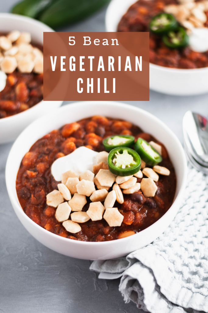 Whip up a batch of this 5 Bean Vegetarian Chili for your next gathering. Great for football watch parties, chilly fall days and weeknights alike.