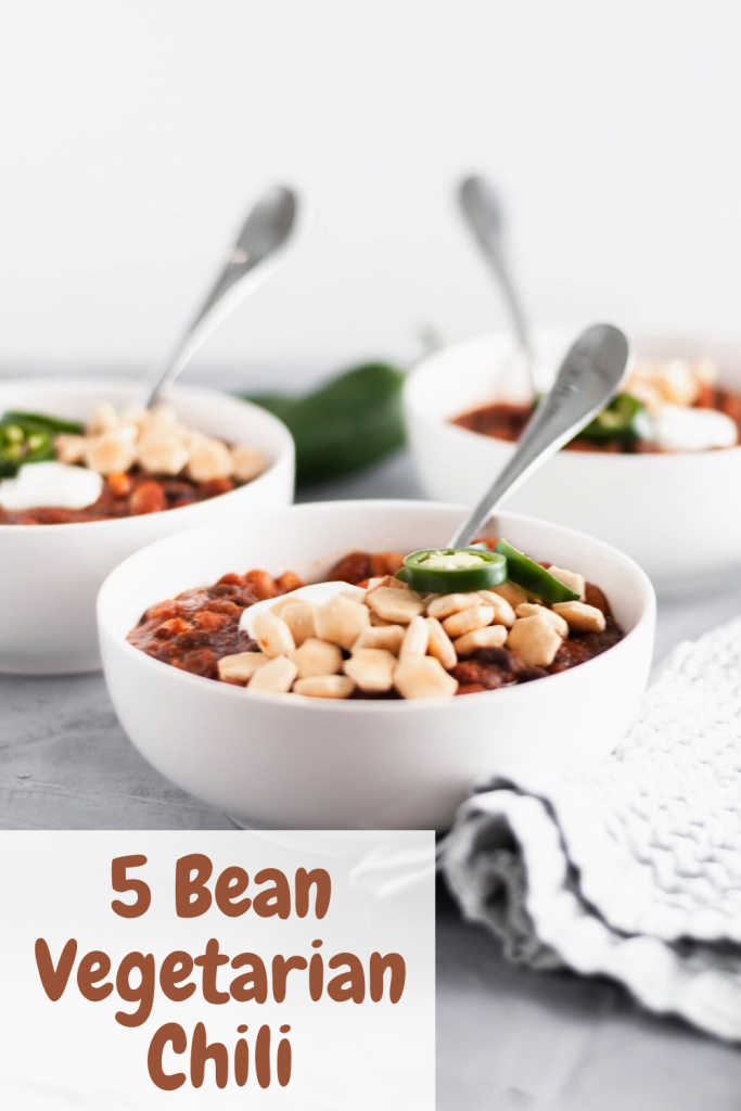 Whip up a batch of this 5 Bean Vegetarian Chili for your next gathering. Great for football watch parties, chilly fall days and weeknights alike.