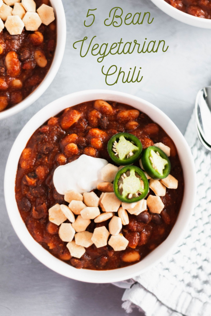 Whip up a batch of this 5 Bean Vegetarian Chili for your next gathering. Great for football watch parties, chilly fall days and weeknights alike.