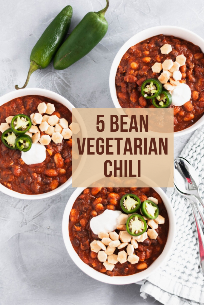 Whip up a batch of this 5 Bean Vegetarian Chili for your next gathering. Great for football watch parties, chilly fall days and weeknights alike.