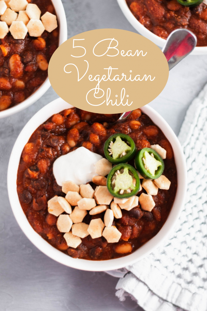 Whip up a batch of this 5 Bean Vegetarian Chili for your next gathering. Great for football watch parties, chilly fall days and weeknights alike.